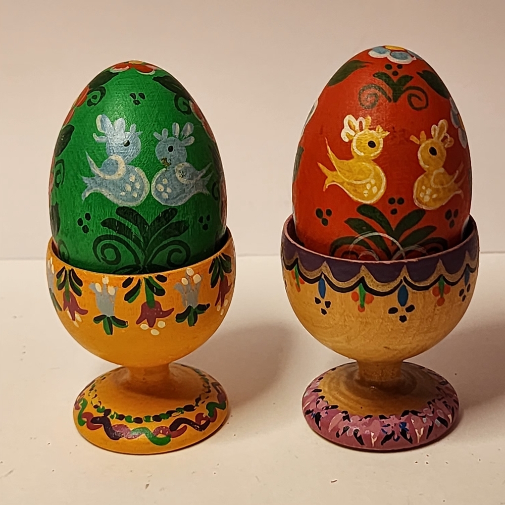Austrian Decorative Eggs w Wooden Cup All Hand Painted Vintage